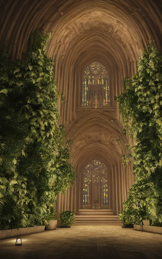 Image similar to cathedral interior at night with koi pond in the middle surrounded by palm trees, ivy, flowers, tropical plants, roses, and with archways, rendered in octane render with photorealistic lighting, cinematic, horizontal symmetry, stars in the sky, baroque, sanctuary, unsplash contest winner, maximalism, sanctuary