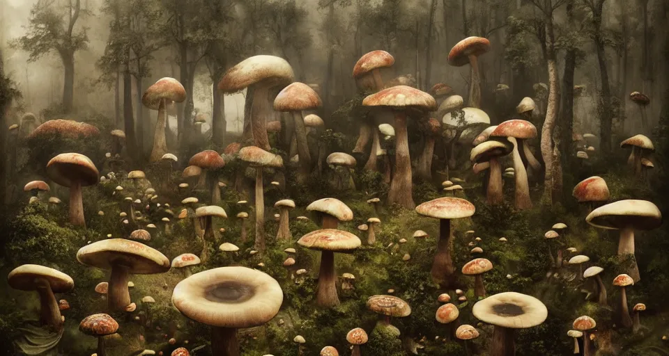 Image similar to A tribal village in a forest of giant mushrooms, by Jeremy Geddes