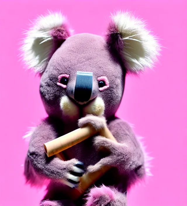 Image similar to high quality 3 d render hyperrealistic very cute small pink koala smoking weed joint, rising smoke, plush mascot, short spiky dense fluffy smooth hair, photo from the side, pink fluffy fur, 1 5 0 mm, beautiful natural soft light, rim light, vray, smooth background, artstation, ultra detailed