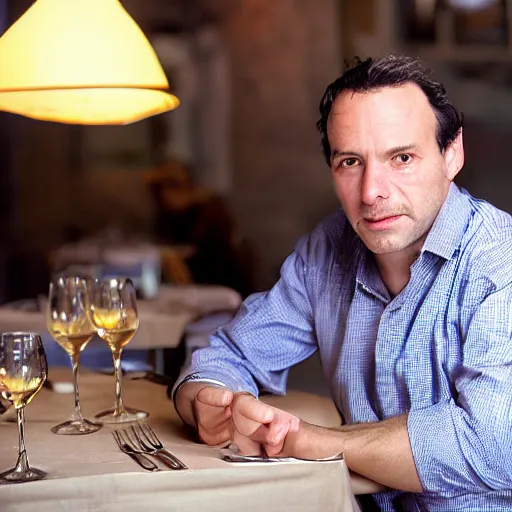 Prompt: photo in the year 1 9 9 5 of a frenchman from france seated in a restaurant. 5 0 mm, studio lighting