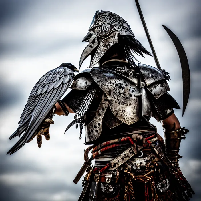 Image similar to photo of a warrior with metal crow themed armour, highly detailed, 4 k, hdr, smooth, sharp focus, high resolution, award - winning photo
