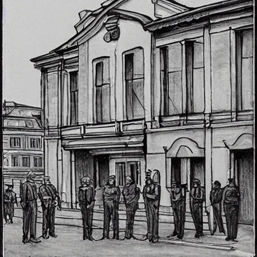 Image similar to the drawing depicts a police station in the lithuanian city of vilnius. in the foreground, a group of policemen are standing in front of the building, while in the background a busy street can be seen. indian by peter sculthorpe dismal