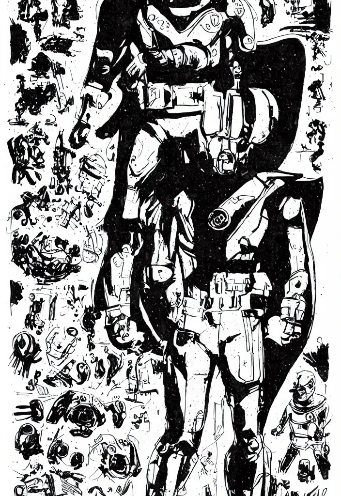 Prompt: male, heroic figure, space suit, science fiction, sketch, character sheet, very stylized, upa style, digital art, illustration, pen and ink, by mike mignola, by alex maleev