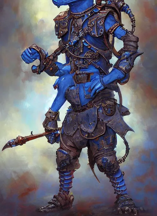 Prompt: blue skinned d & d kobold artificer in steam punk armor painted by raymond swanland