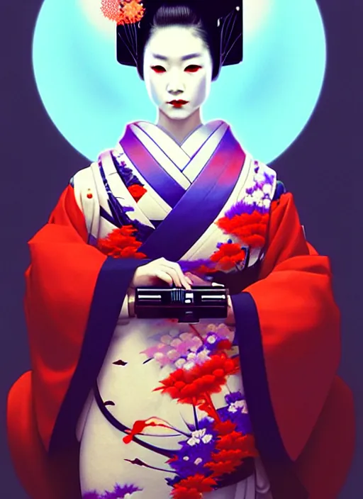 Image similar to sensual japanese geisha wearing vr eyepiece, intricate geisha kimono, robotic, android, cyborg, cyberpunk face, steampunk, fantasy, intricate, elegant, highly detailed, colorful, vivid color, digital photography, cool warm light, artstation, concept art, art by artgerm and greg rutkowski and ruan jia,