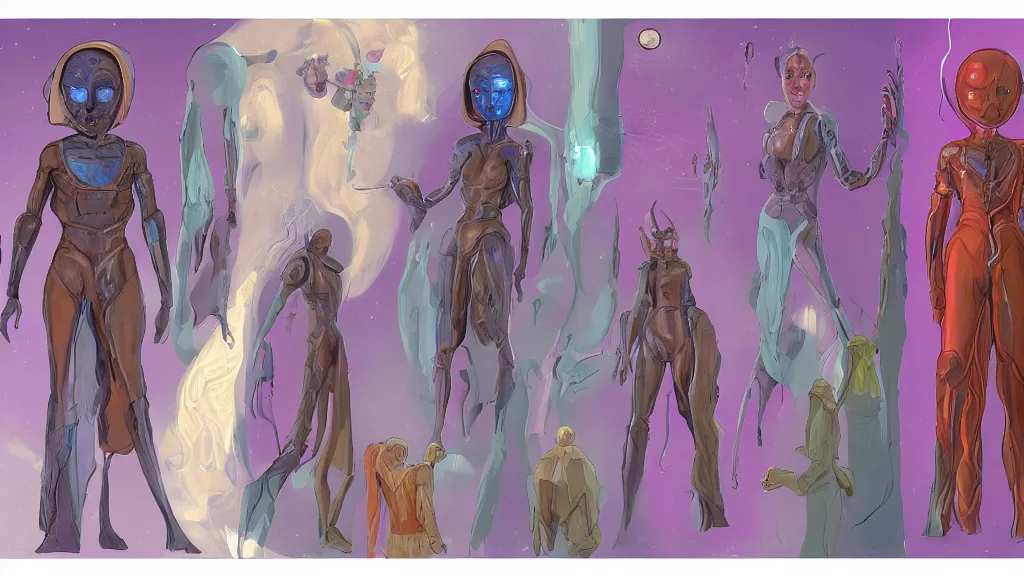 Image similar to concept art, colorful character sheet for an androgynous extraterrestrial with large bulbous head, religious robes, retrofuture, fantastic planet, moebius, valerian, coherent, illustration, digital art, trending on artstation, hd, 8 k, good lighting, beautiful, rough paper, masterpiece