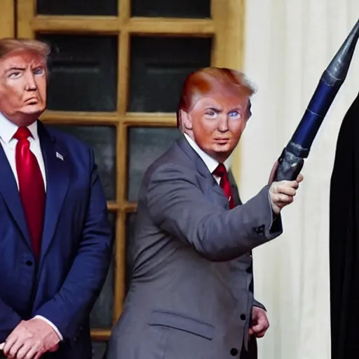 Prompt: harry potter using his magic wand to remove donald trump's suit, realistic photo.