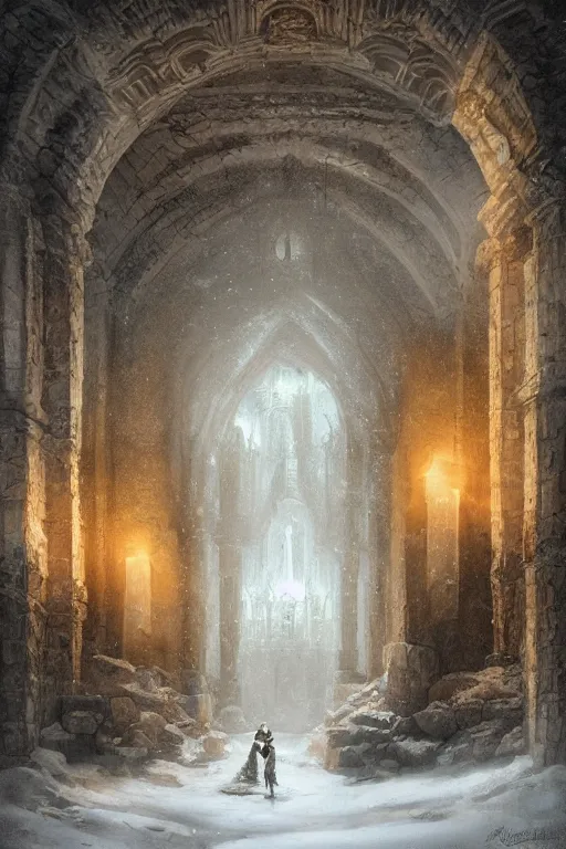 Prompt: Detailed Interior of Monastery Ruins, Frozen Winter, light of god, light shafts, candles, stunning atmosphere, in Style of Peter Mohrbacher, cinematic lighting