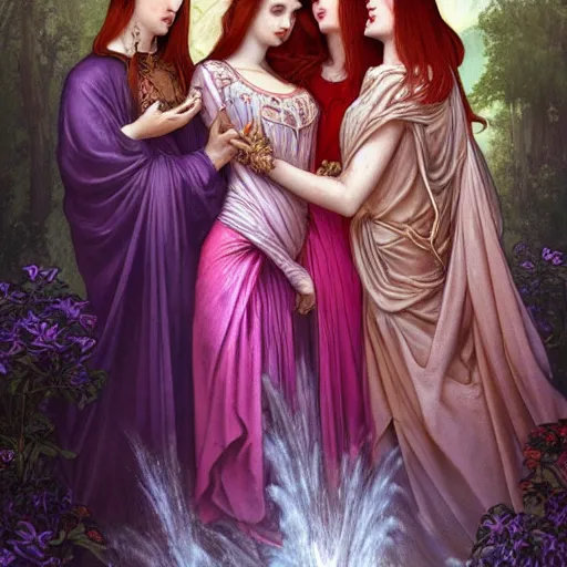 Image similar to a highly detailed byzantine painting of three sultry red haired vampire queens sharing a soft kiss under a waterfall in a gossamer purple dress, epic fantasy, viewed in profile from far away, ultrawide lens, art by artgerm and greg rutkowski and alphonse mucha, volumetric lighting, 4 k resolution, trending on artstation, masterpiece