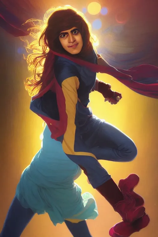 Image similar to A Full View of Kamala Khan played by Iman Vellani, filled with wonder. MCU. John hughes film. masterpiece 4k digital illustration by Ruan Jia and Mandy Jurgens and Artgerm and greg rutkowski and Alexander Tsaruk and WLOP and william-adolphe bouguereau, award winning, Artstation, art nouveau aesthetic, Alphonse Mucha background, intricate details, realistic, panoramic view, Hyperdetailed, 8k resolution, intricate art nouveau