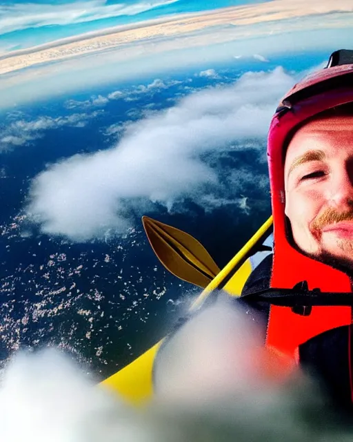 Prompt: realistic portrait of a blonde guy in a kayak over the clouds in the sky