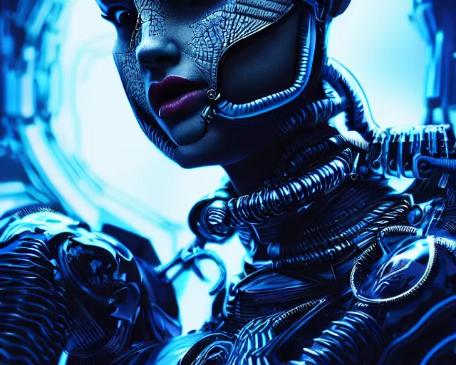 Image similar to funny blue eyes goth queen in cyborg cable suit, intricate abstract. intricate artwork, by tooth wu, wlop, beeple, dan mumford. concept art, octane render, trending on artstation, greg rutkowski very coherent symmetrical artwork. cinematic, key art, hyper realism, high detail, octane render, 8 k, iridescent accents