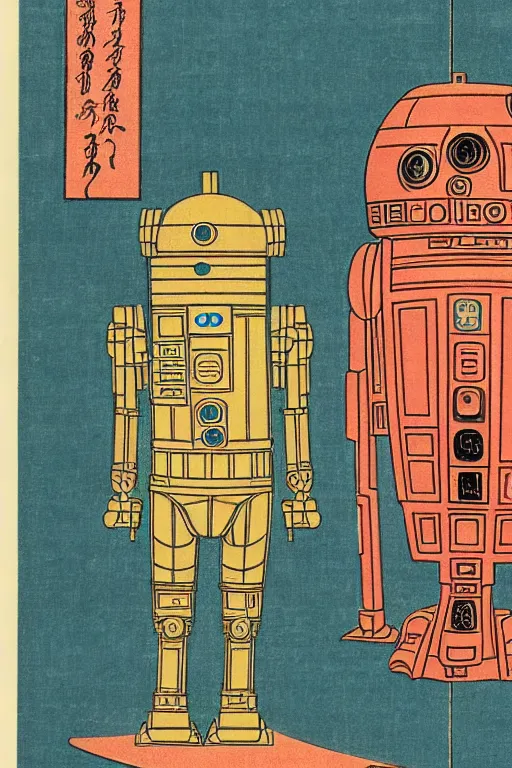 Image similar to Japanese woodblock print of C3PO and r2d2 , cherry blossom, Hokusai