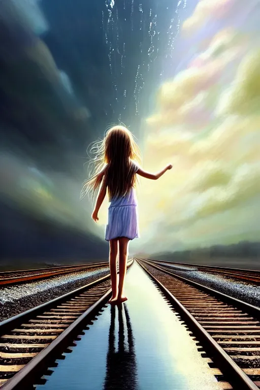 Image similar to a barefoot girl carries her shoes on a wide pool of reflective water and faintly visible submerged train tracks, water covers everything, large white clouds on a wide horizon, intricate, elegant, highly detailed, digital photo, artstation, concept art, smooth, sharp focus, low angle photo, art by artgerm and greg rutkowski and fra angelico