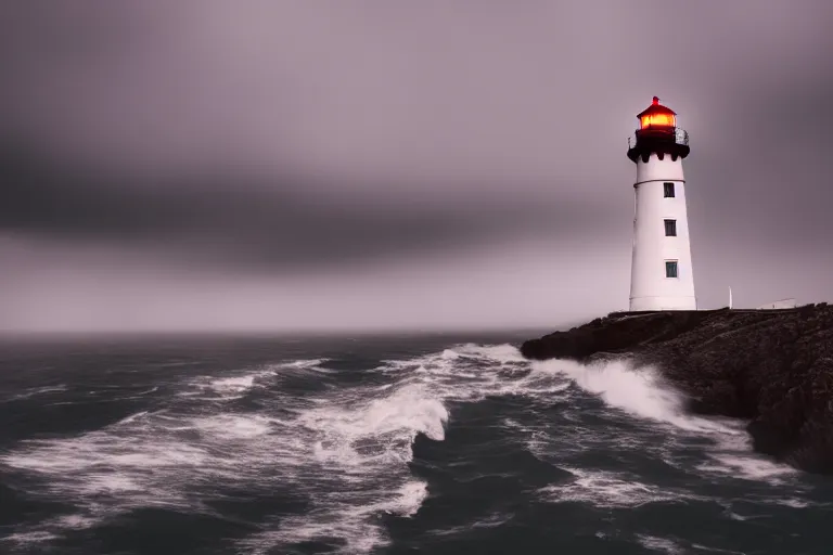 Prompt: film still of a lighthouse at bad weather with heavy waves, photography, natural light, cinematic, 8 k