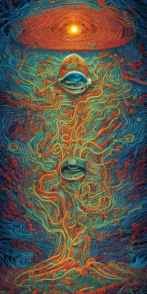 Prompt: the day the brain and the eyeball discovered that we were in a simulation by james jean, by jacek yerka, bioluminescence, rainbow, lovecraftian, masterpiece, vibrant colors, cosmic horror, poster art, clear focus, cinematic lighting, hyper detailed, brain waves