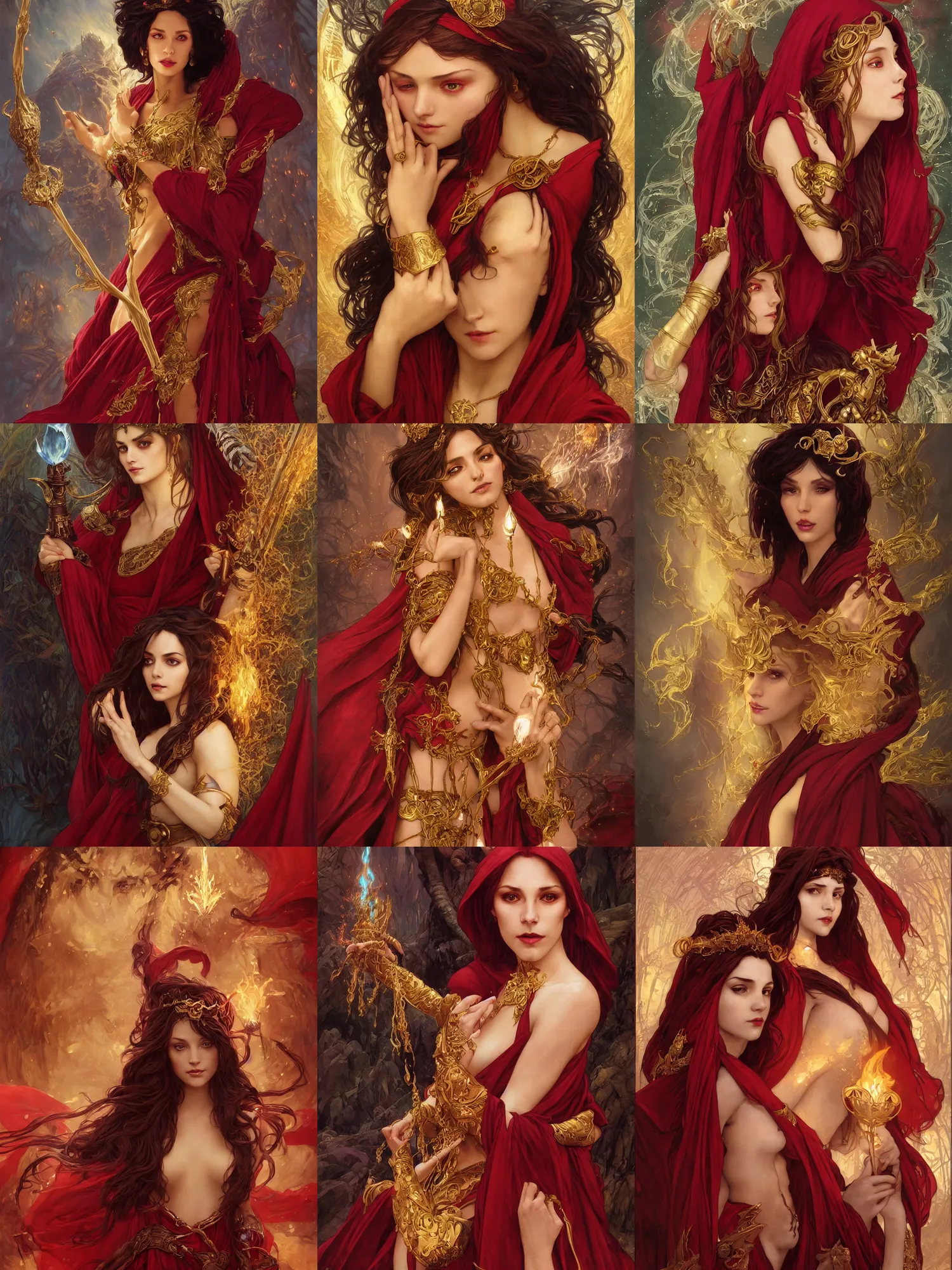 Prompt: Portrait of a beautiful sorceress, single character!!, dnd, d&d, Red robes, golden accents, golden covered, young, dark red hair, dark skin, fire eyes, floating, detailed face, highly detailed, high fantasy, matte painting, midjourney!, by Krenz Cushart and Artem Demura and alphonse mucha, artstation, HD, 4K