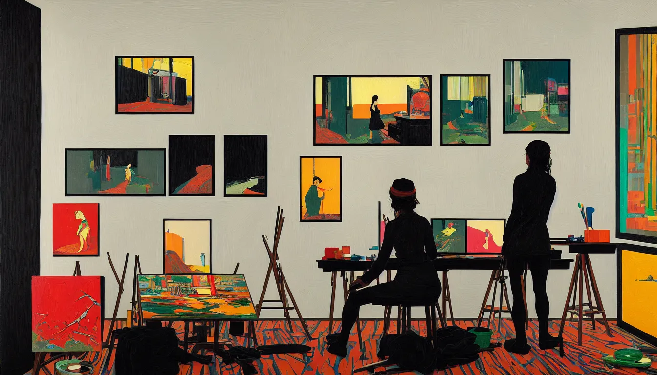 Prompt: female artist painting in her studio by dan mumford and peter doig and edward hopper, symmetrical, minimal, black ink, thick lines highly detailed, muted colours 8 k
