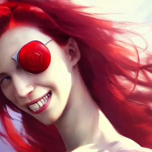 Image similar to a red haired girl with an eyepatch smiling, digital art, 8 k resolution, unreal engine, highly detailed, pretty face, very beautiful face, sharp teeth, curvy teeth, very detailed eyes, photorealistic by wlop, greg rutkowski