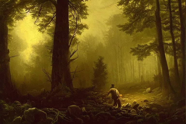 Image similar to dark and spooky painting of a forest dimly lit at night with a scary wolfman in the woods. muted colour palette, detailed oil painting by asher brown durand