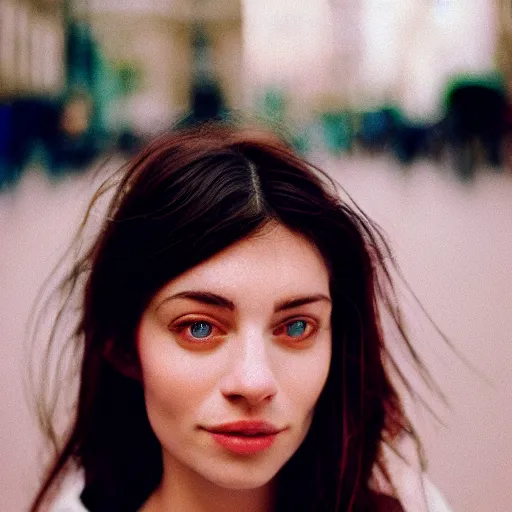 Prompt: analog close up frontal face portrait photography of a beautiful woman in london. 5 0 mm lens. kodak portra 8 0 0 film photography. pastel lighting soft colors. popular on instagram. depth of field. detailed. hq. filmic. dreamy. lens flare