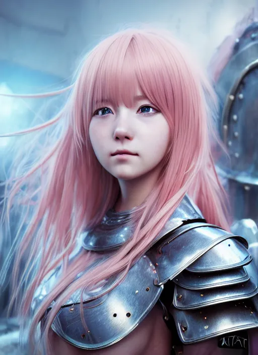 Prompt: a masterpiece hyperrealistic ultradetailed closeup photograph of a lifelike real human anime girl wearing steel plate armor, surrounded by clutter and mess, made by wlop, trending on artstation, pink hairs, gorgeous, k - pop, sad, photoreal image, rendered, unreal engine 5, extremely detailed, sharp focus, 4 k