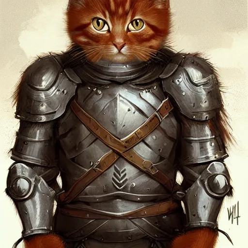 Prompt: cute ginger cat wearing medieval suit of armor, illustration, concept art, art by wlop, dark, moody, dramatic