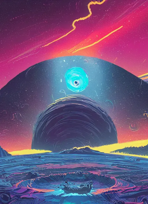 Image similar to a beautiful ultradetailed matte painting of a black hole swallowing a star, colorful and bright, clouds in the distance dark fantasy, d & d, artstation, art by petros afshar, tom whalen, laurie greasley and greg rutkowski and ilya kuvshinov