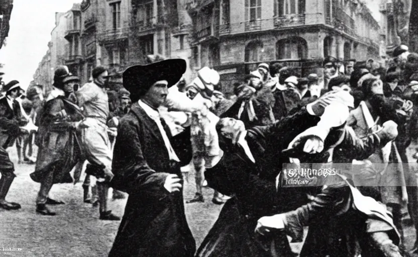 Prompt: a close - up old black and white photo, 1 9 1 3, depicting isaac newton wearing a big wig fighting gottfried leibnitz wearing a big wig in the streets of paris, rule of thirds, historical record