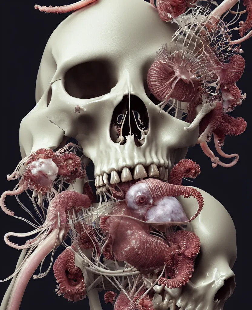 Image similar to symmetry!! goddess close - up portrait human skeleton, ram skull, squid phoenix jellyfish, orchid, betta fish, bioluminiscent, intricate artwork by tooth wu and wlop and beeple. octane render, trending on artstation, greg rutkowski very coherent symmetrical artwork. cinematic, hyper realism, high detail, octane render, 8 k