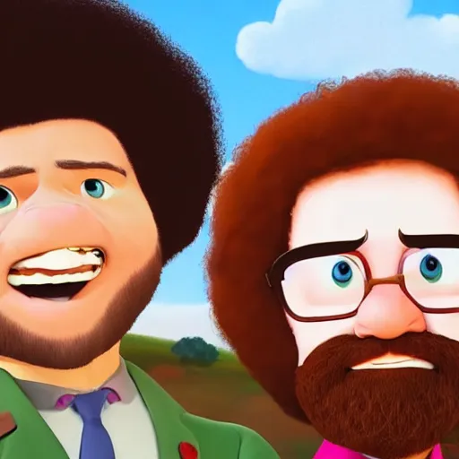 Image similar to A portrait of bob ross in the style of pixar’s movie Up (2009)