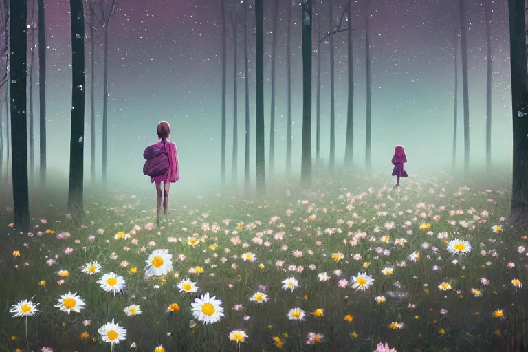 Image similar to giant bunch of daisy flowers head, girl walking in dark forest, surreal photography, dark night, stars, moon light, impressionist painting, clouds, digital painting, artstation, simon stalenhag