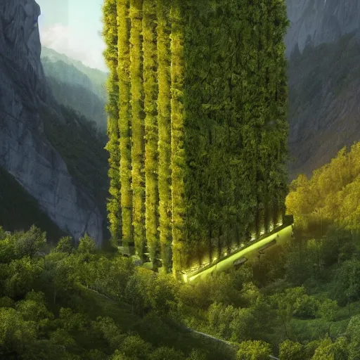 Image similar to vertical farm towers and sci - fi containment building in a steep sided valley with trees, a sense of hope, high res, 4 k, in the style of edouard groult