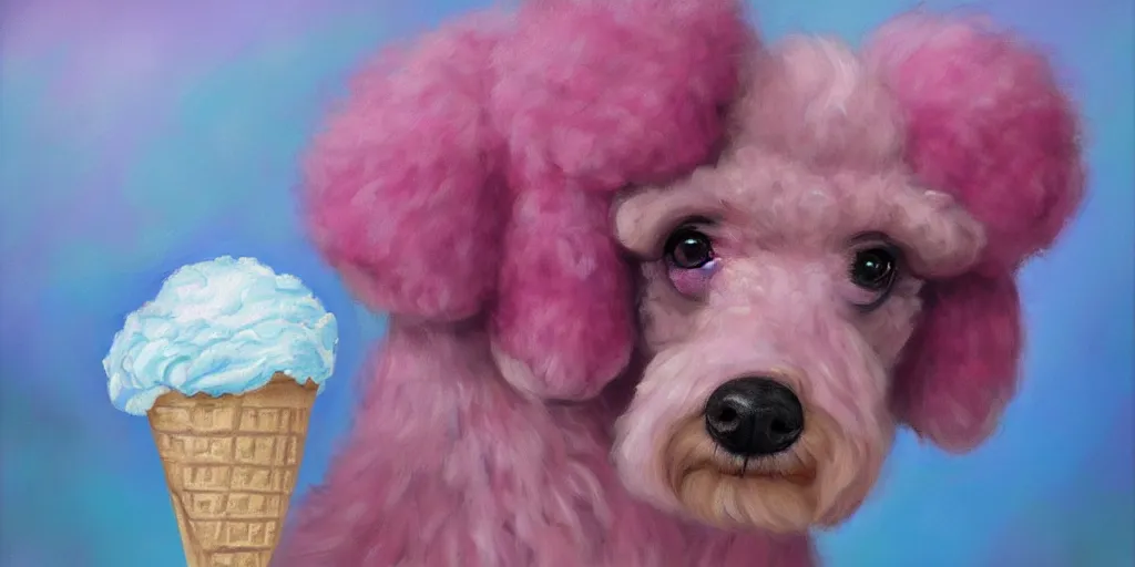 Prompt: realistic poodle/ice cream hybrid, cherry ice cream, pink and blue, soft colors, realism, romanticism, oil painting, digital art, trending, World of Warcraft, monster, Final Fantasy, hand painted, adoptable, cinematic