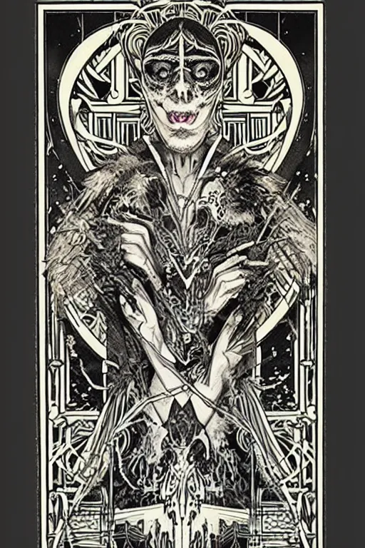 Image similar to a horror tarot card design with intricate details :: like the great gatsby