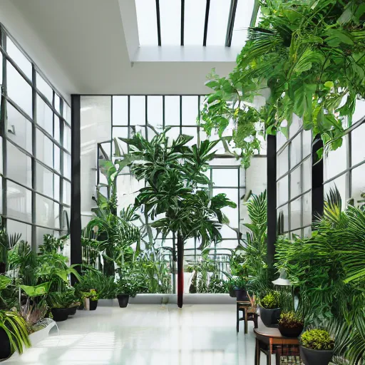 Image similar to The atrium of a refurbished contemporary building filled with tropical plants, 4k, octane render, vray render, 3ds max, concept art