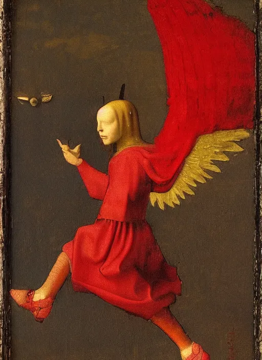 Image similar to Flying Fallen Angel with wings dressed in red, Medieval painting by Jan van Eyck, Johannes Vermeer, Florence