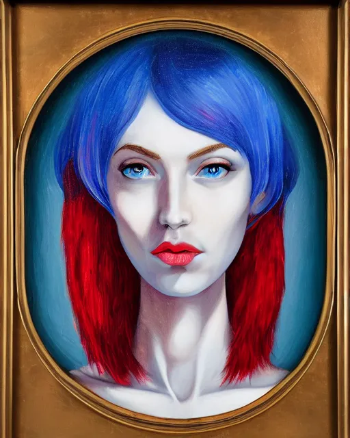 Image similar to A detailed matte oil on canvas head on symmetrical portrait of a distinguished elven woman with split red and blue hair