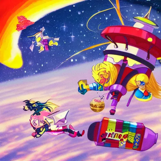 Image similar to Howl's Moving Candy Castle In Space With Flying Pigs, trending on pixiv