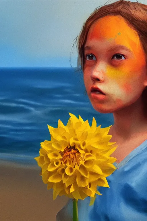 Image similar to closeup girl with huge yellow dahlia flower face, on beach, surreal photography, blue sky, sunrise, dramatic light, impressionist painting, digital painting, artstation, simon stalenhag