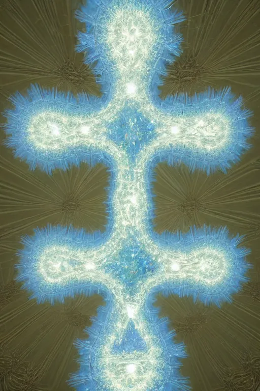 Prompt: a crystalline 3 d mandelbulb fractal in the shape of a christian cross, bioluminescent opal, fractal, magnificent lighting, ethereal, ray tracing, octane, holographic