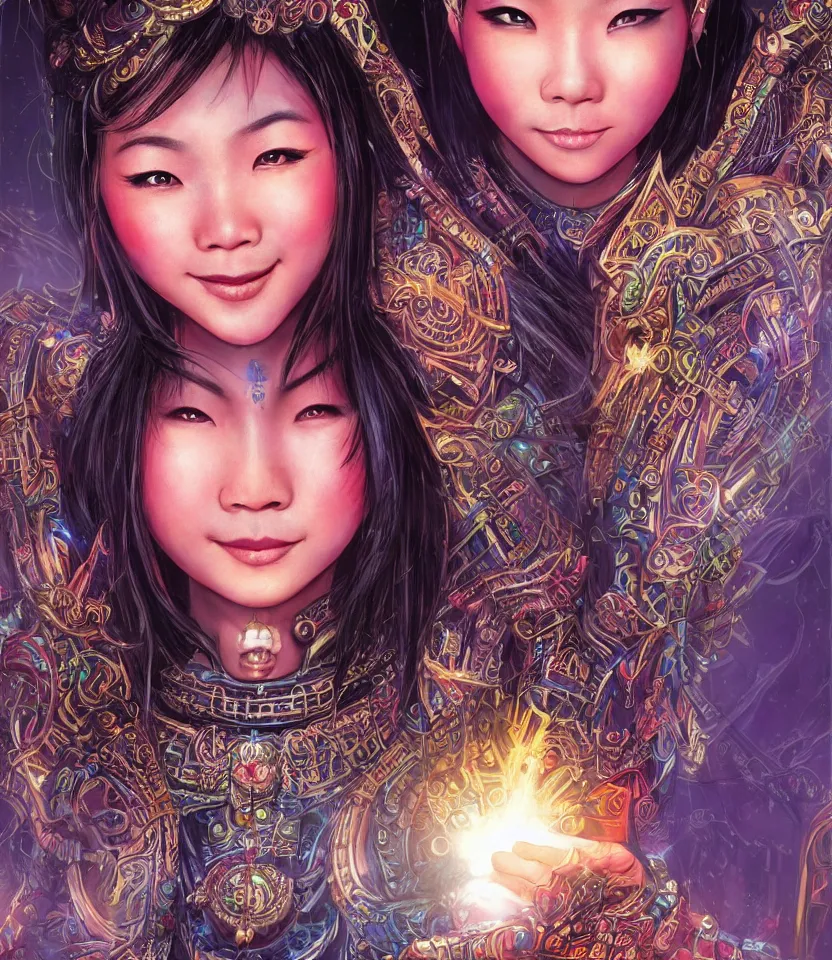 Prompt: beautiful portrait of magician asian girl, cheeky smile, glowing eyes, intricate details, colourful, atmospheric light, ominous ancient city on the background, dark fantasy, ultra realistic details, detailed face, artstation, illustration, one character, symmetrical, by arthur adams