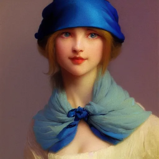 Image similar to a young woman's face, her hair is white and she wears a cobalt blue satin cloak, by ivan aivazovsky and syd mead and moebius and gaston bussiere and roger dean and pieter claesz and paul delaroche and alma tadema and aelbert cuyp and willem claesz, hyperrealistic, volumetric light, octane render