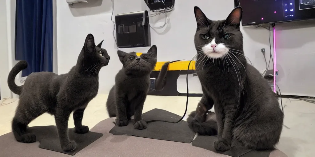 Prompt: a photo of a cat wearing a mocap suit on a volume stage