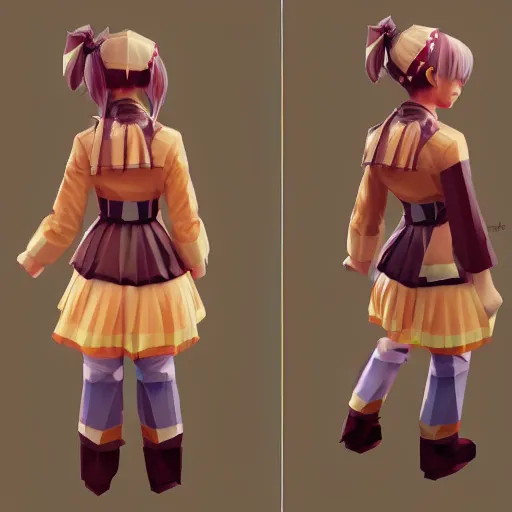 Prompt: ultra low poly modelling, top walking isometric view, 1 6 bit colors, from touhou, a chibi girl, brown jacket with long sleeves, pigtails hair, volumetric lighting, fantasy, 4 k, intricate, hyper realistic, by blizzard, warcraft 3, backlit