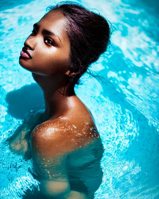 Prompt: photo half body portrait of very beautiful woman, face emerging from pool of water, brown skin, realism, extreme detail, real life, key art, soft light, volumetric light, 3 - d shadows, photo by james jean and wlop, photoshoot