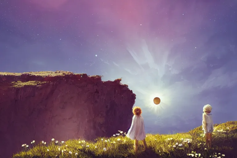 Image similar to giant white daisy flower under the head, girl standing on cliff, surreal photography, solar eclipse, milky way, dramatic light, impressionist painting, clouds, digital painting, artstation, james gilleard, liam wong, jeremy mann, simon stalenhag