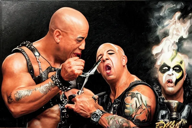 Image similar to vin diesel pouring baked beans into the mouth of paul stanley in kiss makeup, an oil painting by ross tran and thomas kincade