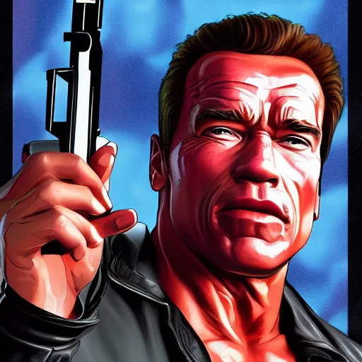 Image similar to Arnold Schwarzenegger in GTA V, cover art by Stephen Bliss, artstation, no text