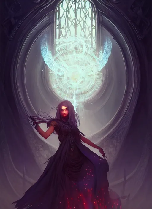 Image similar to Necromancer Sorceress, fantasy magic, undercut hairstyle, dark light night, intricate, elegant, sharp focus, illustration, highly detailed, digital painting, concept art, matte, art by WLOP and Artgerm and Greg Rutkowski and Alphonse Mucha, masterpiece